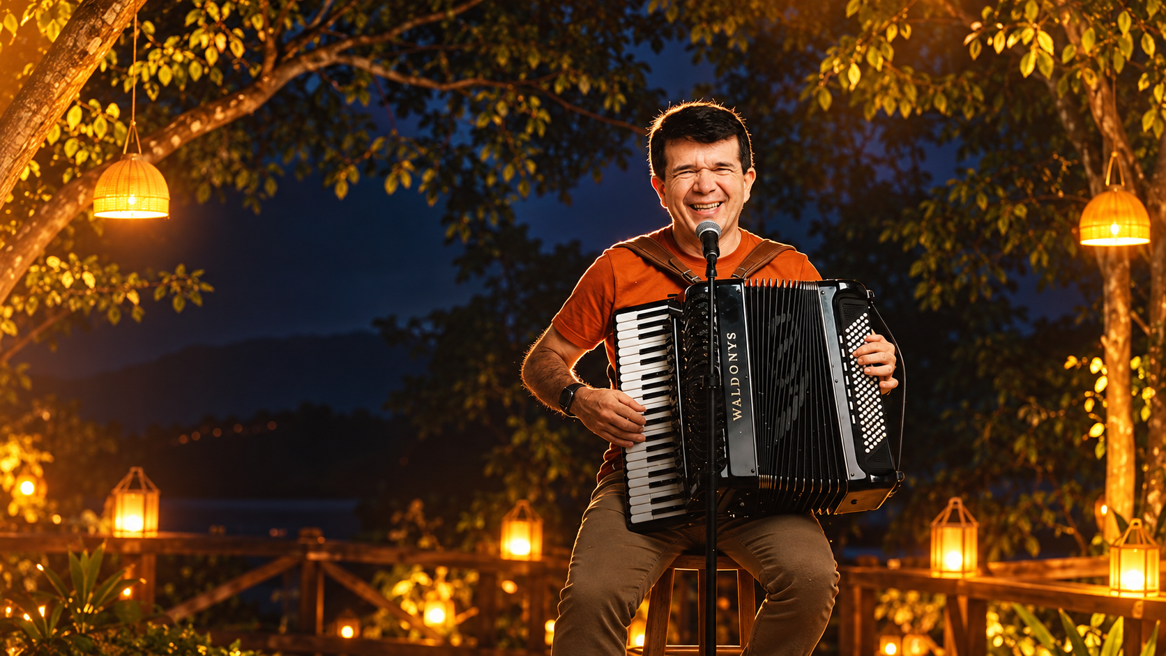 Waldonys tocando acordeão em um ambiente iluminado por lanternas.